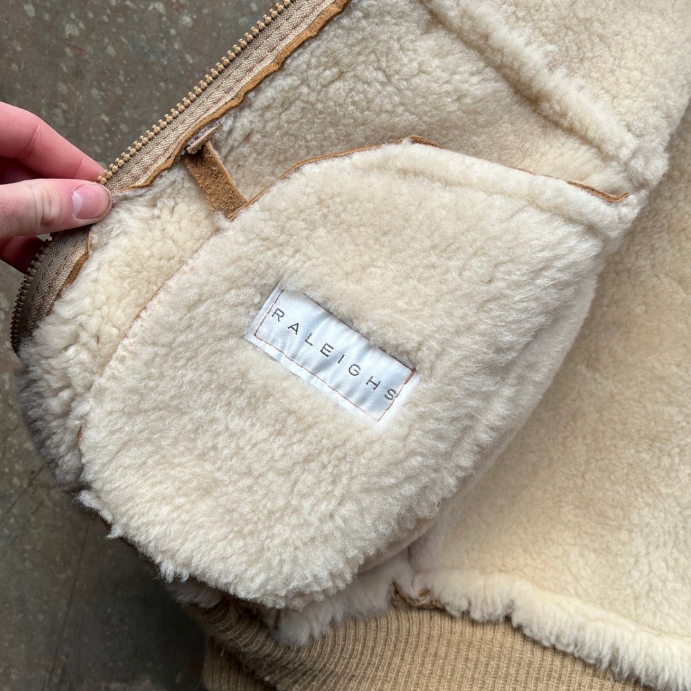 VTG 80s Raleghs Sheepskin Shearling Wool Lined Suede Leather Bomber Jacket 38 - Picture 3 of 14